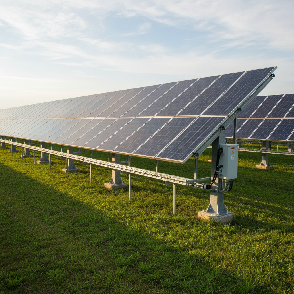 An orderly row of large solar modules viewed from a slightly elevated angle, their glass surfaces spotless and reflecting the pale blue sky after a professional cleaning. Beneath the array, uniformly short grass and low groundcover plants show recent mowing and trimming, with no tall weeds or debris. Cable trays, steel supports, and junction boxes appear rust-free and clearly visible above the controlled vegetation. Soft late-afternoon light creates gentle highlights along the panel edges and muted shadows under the racking, enhancing the clean, structured lines. The photographic realism and balanced composition convey a calm, highly managed environment that underscores long-term performance, safety, and reliability in a Midwestern solar field.