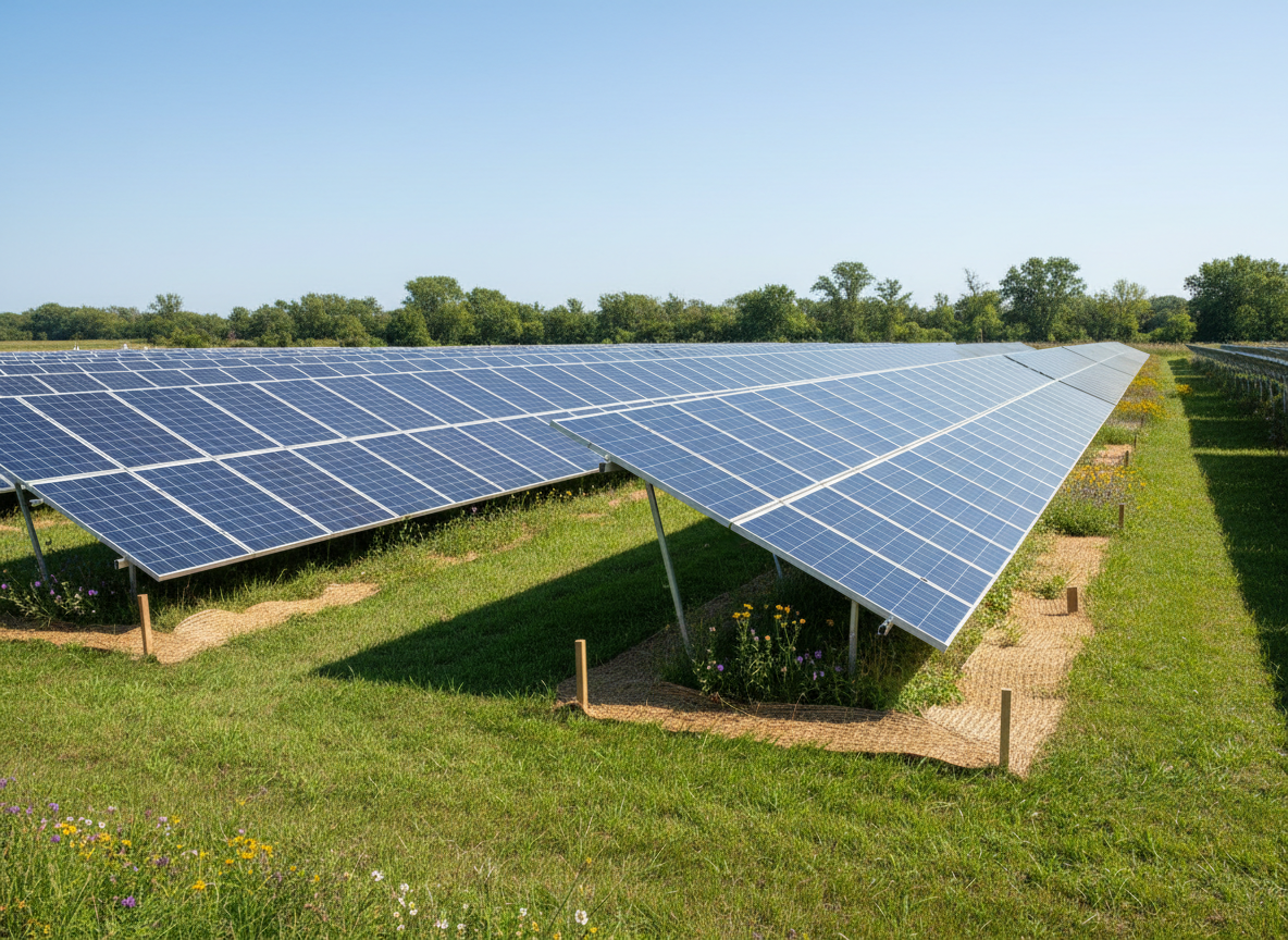 A meticulously maintained solar field stretches into the distance, rows of deep blue photovoltaic panels rising from a carpet of evenly mowed, healthy green grass. Native wildflowers dot the edges of the array, adding subtle color while erosion-control straw blankets secure the gently sloping soil. In the background, a tree line typical of the Midwest frames the scene under a bright, clear sky. Captured in photographic realism at eye level with a wide-angle lens, the midday sunlight is crisp and even, highlighting clean panel surfaces and tidy vegetation lines. The atmosphere is professional, orderly, and reliable, conveying expert vegetation management and site care for commercial solar installations.