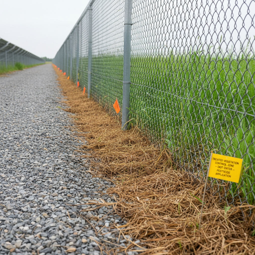 A detailed photographic close-up of a targeted herbicide application zone along a solar field fence line, showing a distinct strip of dry, brown, controlled vegetation adjacent to thriving green grass. The transition is clean and intentional, with the gravel maintenance path clearly visible and free of encroaching weeds. Orange marker flags and a small, clearly labeled warning placard are positioned along the fence, indicating a treated area. Soft, bright overcast light provides even illumination, revealing textures in the gravel, fence fabric, and plant stems without harsh shadows. The mood is technical and precise, communicating responsible, professional use of herbicides for vegetation control in a commercial setting.