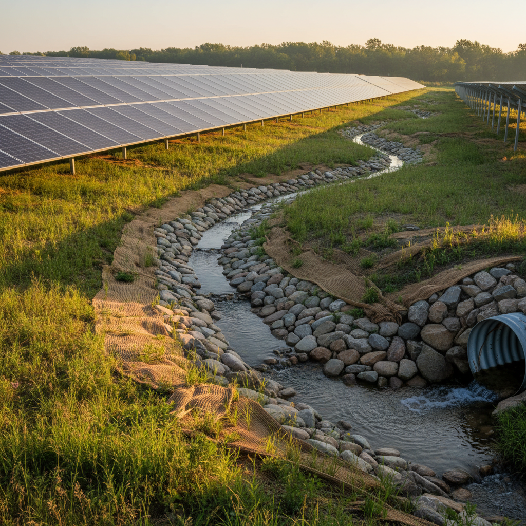A stabilized Midwest slope beside a solar installation, captured in photographic realism from a slightly elevated perspective. Dense, low native grasses and erosion-control blankets hold the soil in place along a drainage swale lined with smooth river rock. A culvert outlet framed by riprap stones channels clear water away from the array. The early morning sun casts long, soft shadows across the textured groundcover, emphasizing the contours of the slope and the structured drainage pattern. The composition uses leading lines of the swale and slope to draw the eye toward the horizon, creating a calm, secure atmosphere that highlights long-term site stability and professional erosion control practices.