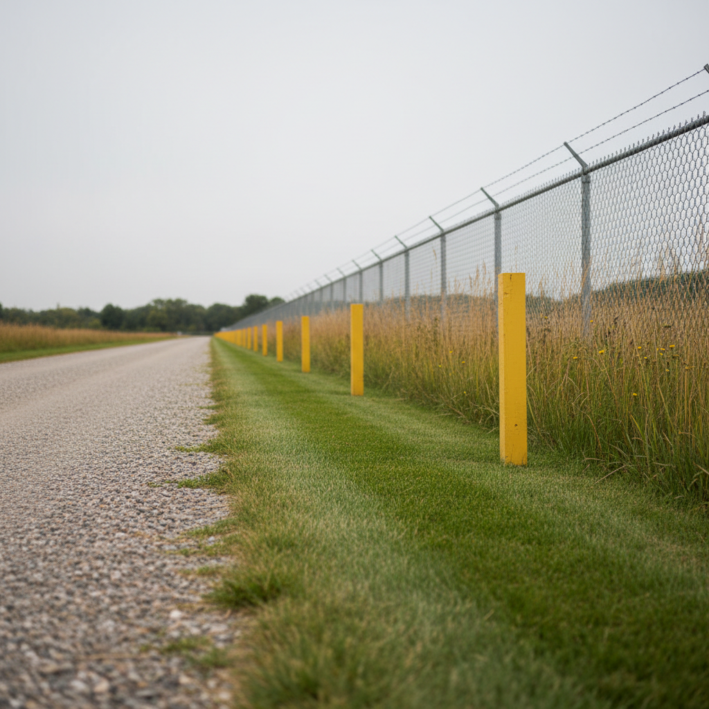 A close-up, low-angle photographic view of a commercial property perimeter where a precisely trimmed grass strip meets a neatly maintained gravel access road. Tall, dense meadow vegetation beyond is cleanly separated from the mowed safety corridor, showing a clear boundary created by professional vegetation management. Yellow painted boundary posts and a chain-link security fence run parallel into soft focus, while overcast Midwestern daylight casts diffused, shadowless light across the scene. The mood is controlled and methodical, emphasizing safety and compliance. The composition follows the rule of thirds, with crisp foreground detail and a gradual blur toward the horizon, reinforcing the sense of depth and ongoing maintenance along the entire site edge.